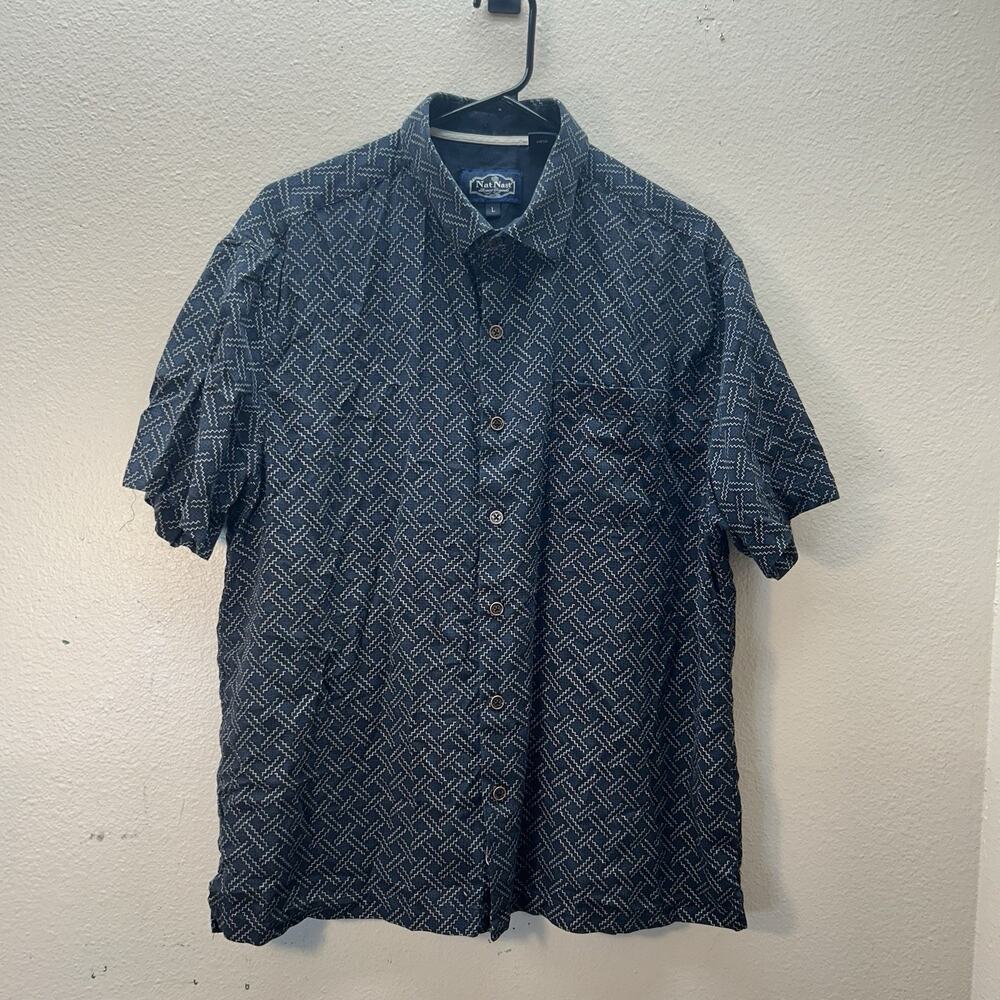 Nat Nast Shirt Mens L Black Silk Blend Geometric Button‎ Up Luxury Originals
